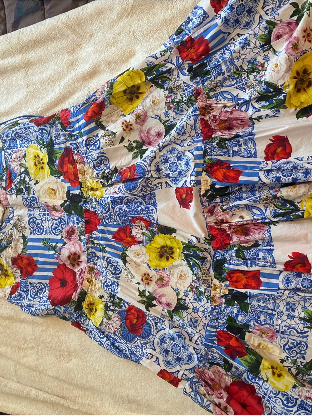Boston Proper Blue-and-Multi Floral Tile-Print Maxi Skirt